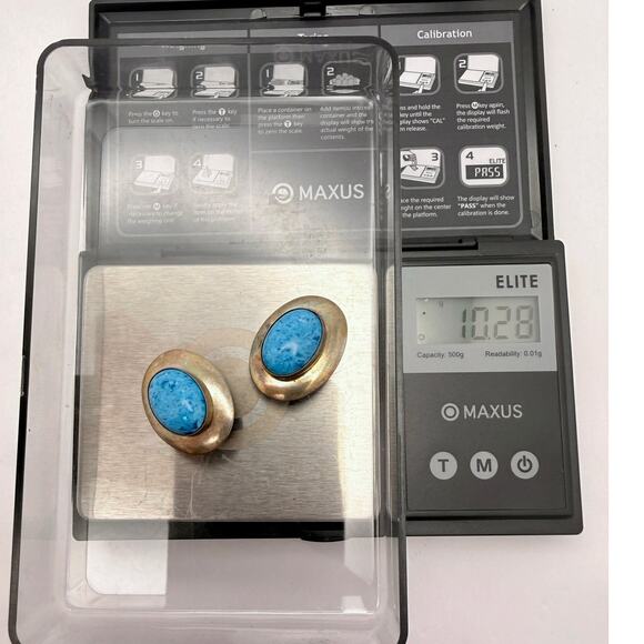 Vintage 50s Modernist Sterling Silver Studio Earrings Blue Stone - Picture 8 of 9